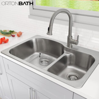 ORTONBATH™ Stainless Steel 16 Gauge Kitchen Sink Handmade 33-inch Undermount Zero Radius Double Bowl  OTA7843
