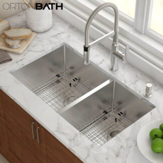 ORTONBATH™ Stainless Steel 16 Gauge Kitchen Sink Handmade 33-inch Undermount Zero Radius Double Bowl   OTAHU2920H