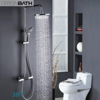 ORTONBATH™ Thermostatic Shower System, 8 Inch Rain Shower Head Faucet Set with Adjustable Slide Bar and Shower Vlave, Chrome OTS15536
