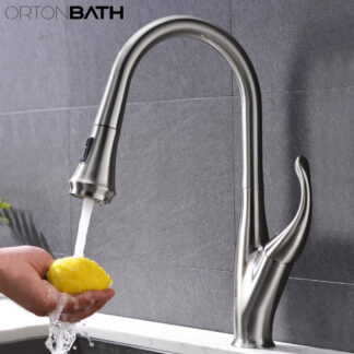 ORTONBATH™ Kitchen Faucets Commercial Solid Brass Single Handle Single Lever Pull Down Sprayer Spring Kitchen Sink Faucet Brushed Nickel  OTSK1131U