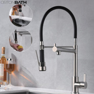 ORTONBATH™ Kitchen Faucets Commercial Solid Brass Single Handle Single Lever Pull Down Sprayer Spring Kitchen Sink Faucet Brushed Nickel  OTSK8030
