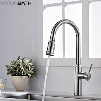ORTONBATH™ Kitchen Faucets Commercial Solid Brass Single Handle Single Lever Pull Down Sprayer Spring Kitchen Sink Faucet Brushed Nickel  OTSK8058