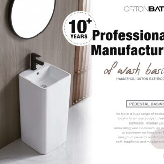 ORTONBATH™  Compact Bathroom Rectangular Bowl Bathroom Ceramic Floor Standing Pedestal Vanity Wash Basin without tap hole