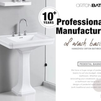 ORTONBATH™ Three Faucet Holes Full Pedestal Bathroom Ceramic Floor Standing Pedestal Vanity Wash Basin