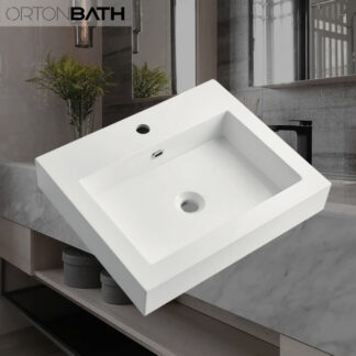 ORTONBATH™ White Above counter Rectangular Cabinet Countertop Single bowl Bathroom Resin Artificial Stone Hand Vanity Wash Basin