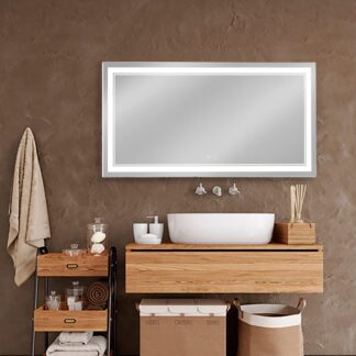 ORTONBATH™  LED Bathroom Round Mirror 24 Inch Dimmable Lights Anti-Fog LED Vanity Mirror Wall Mounted Makeup Mirror with Shelf Memory Waterproof Touch Screen