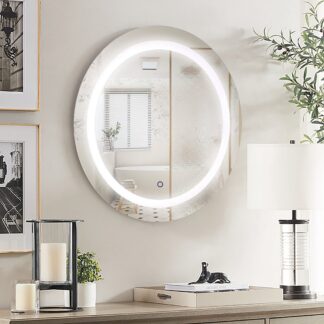 ORTONBATH™  24 Inch Round LED Bathroom Mirror Backlit Anti-Fog 3 Colors Light Dimmable Wall Mounted Lighted Bathroom Vanity Mirror Smart Makeup Mirror with Touch Switch