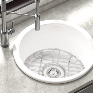 ORTONBATH™  Farmhouse Ceramic SINGLE round bowl UNDERMOUNT Kitchen Sink Basket Strainer Waste