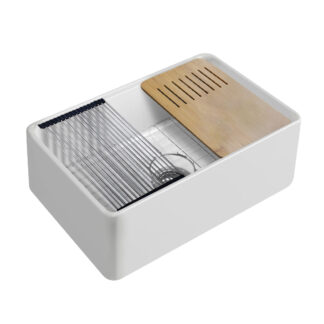 ORTONBATH™  rectangle Farmhouse Ceramic Single bowl Apron Front Kitchen Sink with chopping board Basket Strainer Waste