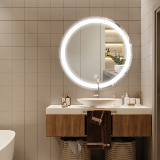 ORTONBATH™ 24 Inch FRAMELESS Round LED Bathroom Mirror FRONT lit Anti-Fog 3 Colors Light Dimmable Wall Mounted Lighted Bathroom Vanity Mirror Smart Makeup Mirror with Touch Switch OTL0521