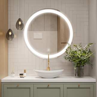 ORTONBATH™ 24 Inch FRAMELESS Round LED Bathroom Mirror FRONT lit Anti-Fog 3 Colors Light Dimmable Wall Mounted Lighted Bathroom Vanity Mirror Smart Makeup Mirror with Touch Switch OTL0521