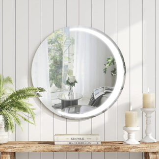ORTONBATH™ 24 Inch Round LED Bathroom Mirror Backlit Anti-Fog 3 Colors Light Dimmable Wall Mounted Lighted Bathroom Vanity Mirror Smart Makeup Mirror with Touch Switch OTL0632