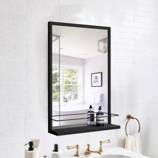 ORTONBATH™ MODERN BLACK FRAMED REACTANGLE  Hand-Forged Metal Framed Vanity Bath Wall Mirror BATHROOM MIRROR ART HOME DÉCOR METAL FRAMED MIRROR FOR WALL DECORATIVE WITH SHELF OTL0515