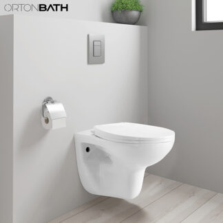 ORTONBATH™ RIMLESS ECONOMICAL WC Bathroom Toilet Bowl WALL HUNG TOILET WALL MOUNTED BACK TO WALL TOILET with duroplast seat cover OTW020