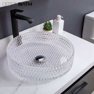 ORTONBATH™  Tempered Deco Glass Luxuryhome Bathroom Sink in Crystal engraving Elegant | Top Mount Basin | Vanity Countertop Sink Bowl with Pop Up Drain |Surface Finish 214