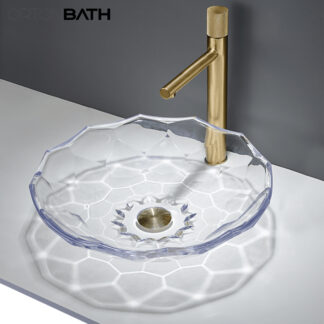 ORTONBATH™  Black Bathroom Vessel Sink, Artistic Crystal Glass Sink Bowl with Golden Pop Up Drain Set, flower shape Countertop Vanity Vessel Sink, Above Counter Basin 318