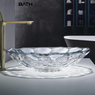 ORTONBATH™  Black Bathroom Vessel Sink, Artistic Crystal Glass Sink Bowl with Golden Pop Up Drain Set, flower shape Countertop Vanity Vessel Sink, Above Counter Basin 318