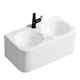 ORTONBATH™ TWIN ROUND BOWL SINK WALL HUNG VITREOUS CHINA DOUBLE BOWL WASH BASIN SINK WALL MOUNT SPACE SAVING  BASIN WITH TAP HOLE OTA1010
