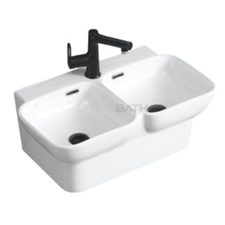 ORTONBATH™ TWIN RECTANGULE SINK WALL HUNG VITREOUS CHINA DOUBLE BOWL WASH BASIN SINK WALL MOUNT SPACE SAVING  BASIN WITH TAP HOLE OVERFLOW  OTA1013