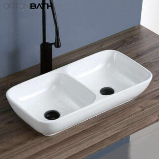 ORTONBATH™ TWIN SQUARE BOWL SINK WALL HUNG VITREOUS CHINA DOUBLE BOWL WASH BASIN SINK WALL MOUNT SPACE SAVING  BASIN WITHOUT TAP HOLE OTB2008