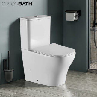 ORTONBATH™ AUSTRALIAN WATERMARK Rimless Comfort Height Wc Sanitary Ware Back to Wall Faced Two Piece Toilet with Short Projection Closed Back Pan FULLY BACK TO WALL TOILET  WITH RECTANGULAR BOWL OTX8066