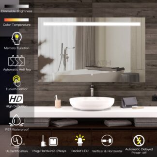ORTONBATH™   LED Bathroom Mirror with Front and Backlight, Dimmable Wall Mirrors with Anti-Fog, Shatter-Proof, Memory, 3 Colors, Double LED Mirror (Horizontal/Vertical) OTECO14001