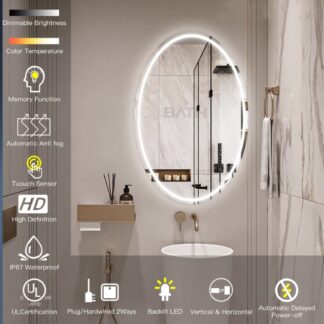 ORTONBATH™   Lighted Illuminated Bathroom Vanity Wall Mirror with Touch Sensor, Modern Rectangle White Mirrors(Horizontal/Vertical) OTFLS001