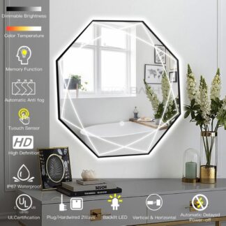ORTONBATH™   LED Black Framed Backlit Bathroom Mirror with Light, Touch Makeup Vanity Mirrors with Ultra Bright White LED, Dimmable Wall Mirrors Makeup LED Mirror OTL0609