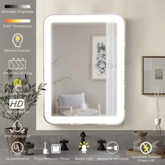 ORTONBATH™   Acrylic Frame LED Bathroom Mirror 2 LED Strips Frontlit Lighted Vanity Mirror Anti Fog Stepless Dimmable 3 Colors CRI90+ Double Lights Wall Mirror (Horizontal/Vertical) OTL0619