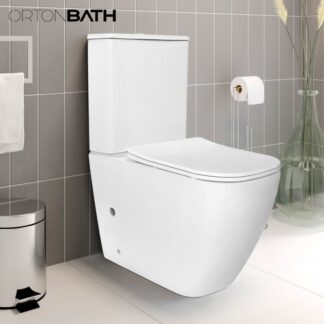 ORTONBATH™ WATERMARK CE CERTIFIED RIMLESS CLOSE COUPLED TOILET  TWO PIECE TOILET WITH TOP BUTTON DUAL FLUSH PP/UF SEAT COVER OTM1228