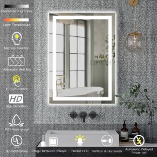 ORTONBATH™   Bathroom Mirror with Lights 24X36 Inch Front and Backlit Lighted for Bathroom Wall with 3 Colors Dimmable Anti-Fog Memory Shatter-Proof (Horizontal/Vertical) OTMARC10003