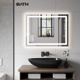 ORTONBATH™   24X32 LED Bathroom Mirror with Memory Lights Anti-Fog Dimmable Backlit + Front Lit Lighted Bathroom Vanity Wall Mirror (Horizontal/Vertical) OTMARC6003