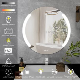 ORTONBATH™   32inch Frontlit Round Bathroom LED Mirror 24 Inch Anti-Fog 3 Colors Light Dimmable Wall Mounted Circle Vanity Mirror OTYR005